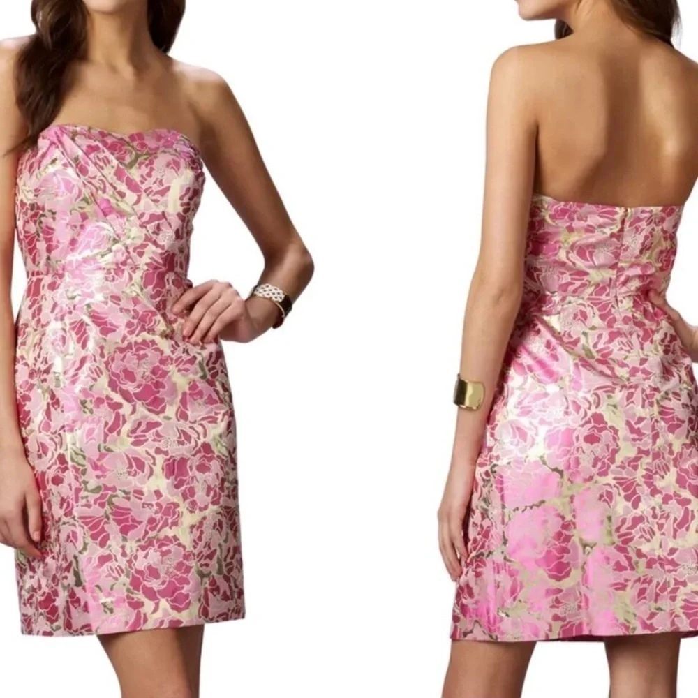 Lilly Pulitzer Silk Raya Dress Pink Gold Jacquard Mini Strapless Sweetheart Sz 8 - Picture 2 of 10